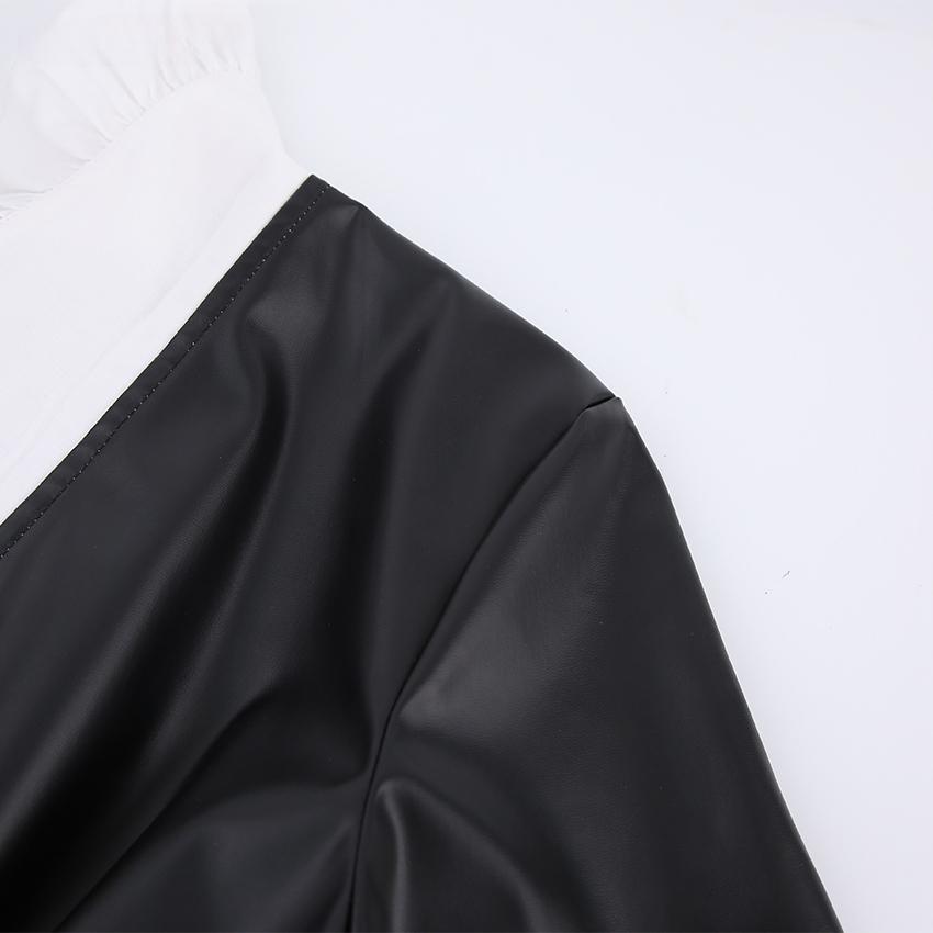 Peter Pan Collar Patchwork PU Leather Black Dress Women Elegant Pleated Elastic Waist Short Dresses Autumn Winter New Punk