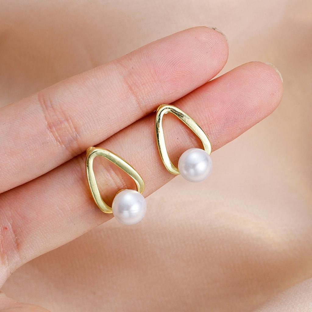 Sterling Silver Pearl Stud Earrings Lightweight Minimalist Geometric Design Small Size Luxury Style Fashion Jewelry for Women
