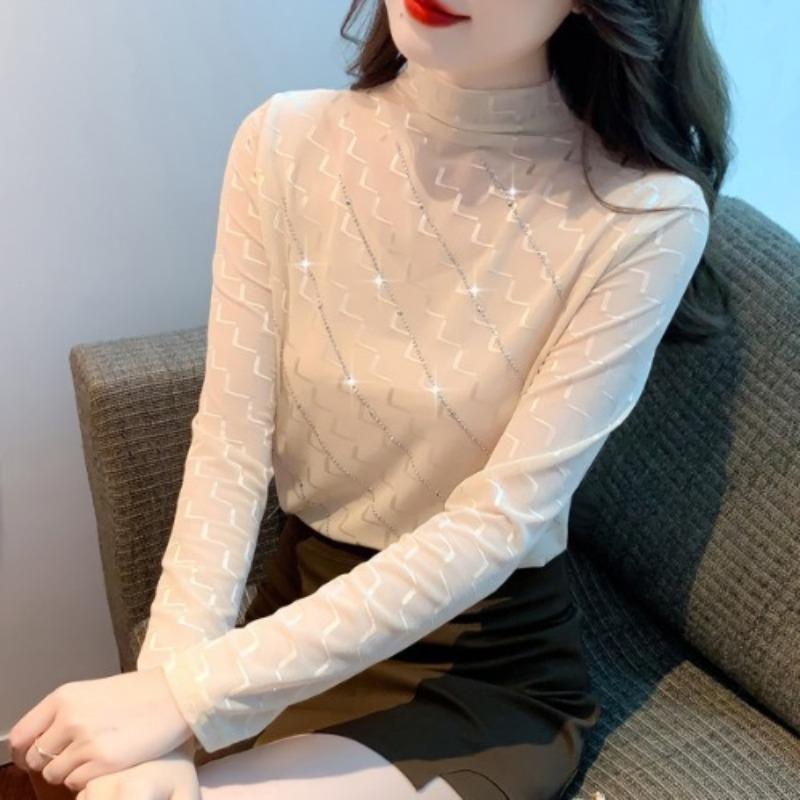 T-shirt for Women with Velvet Thickened Winter New Long-sleeved Pullover Top Half Turtle Neck Iron Diamond Base Shirt for Women