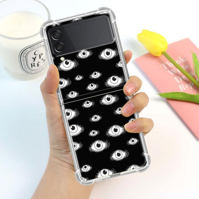 Scary Face Eyes Smiley Case For Samsung Galaxy Z Flip 3 4 5g Funda Z Flip3 Clear Pc Hard Shockproof Back Phone Coque Shell