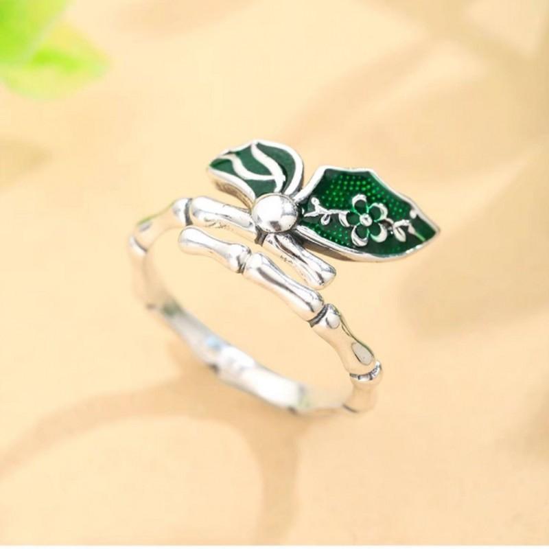 Adjustable Vintage Enamel Bamboo Leaf Butterfly Ring Women Men Minimalist Boho Statement Finger