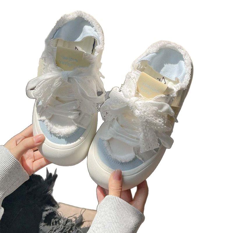 Lace canvas shoes women's new summer thin breathable bread shoes niche versatile platform white shoes