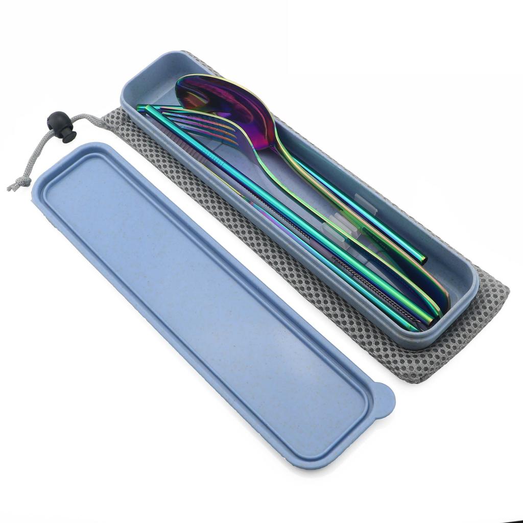 Portable Dinnerware Set Knife Fork Spoon Metal Straw Cutlery Set Tableware With Box Bag For Travel Hiking Picnic Dinner Set