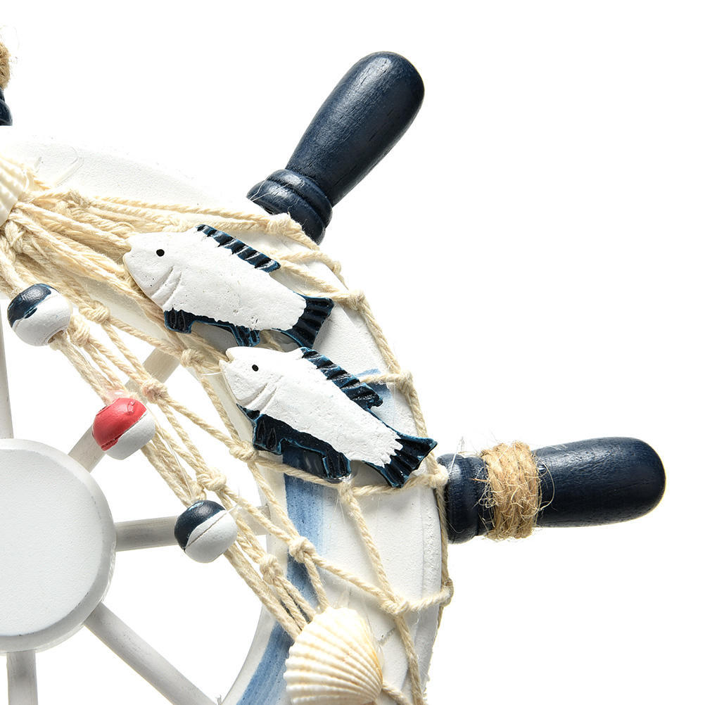 1 Pcs 9 Inch Blue White Beach Wooden Boat Ship Rudder Net Wall Decoration