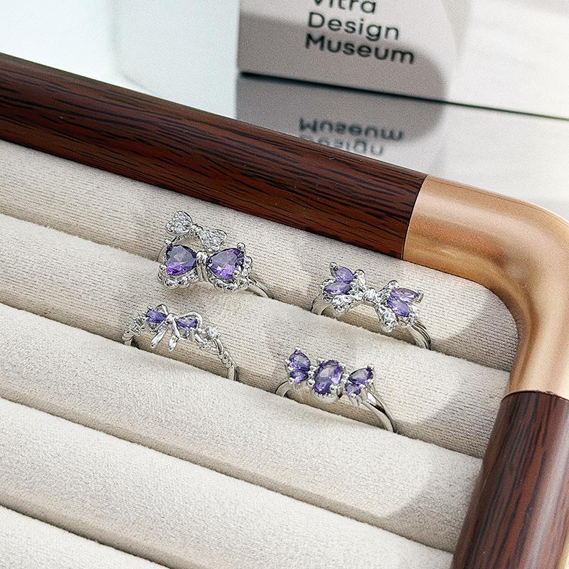 Sweet And Cool Girl'S Heart Bow, Purple Zircon Diamond-Set Open Ring, Light Luxury Niche High-End Sense Stacked Index Finger Ring