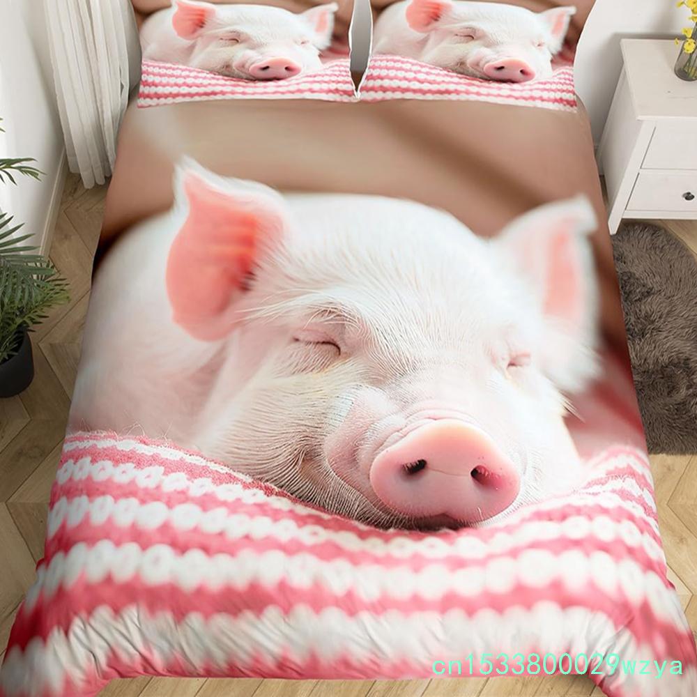 Pink Pig Bedding Set King Queen Sleeping Pig Duvet Cover For Kids Boys Girls Kawaii Animals Comforter Cover With 2 Pillowcases