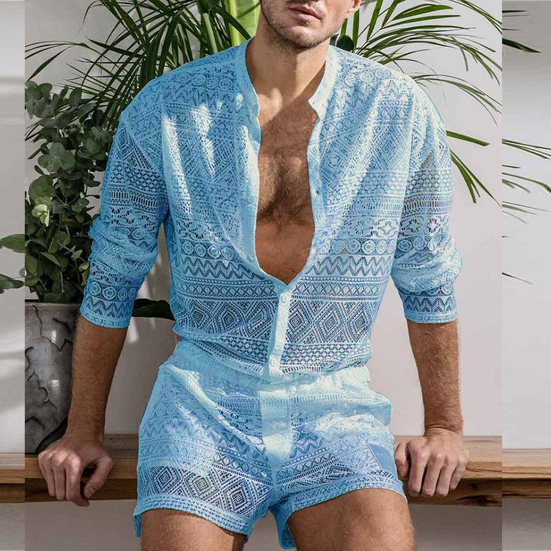 Hollow Out Sexy Lace Suit Fashion Long Sleeve Shirt Casual Shorts Men'S Clothing Suit Solid Color Matching Summer Suit for Male