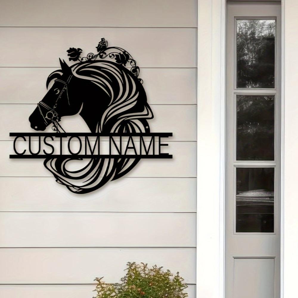 1pc Custom Metal Horse Skull Wall Sculpture, Personalized Inscription, Rustic Home Decor, Balcony & Courtyard Ornament, Gift, Custom Sign.