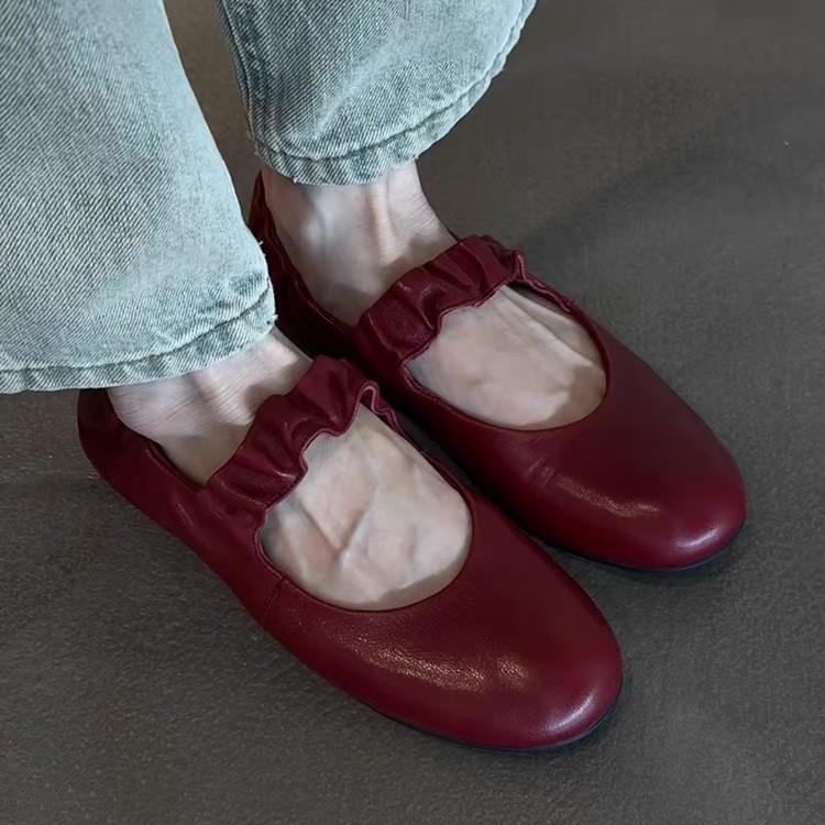 Retro Pleated Word with Flat-soled Ballet Shoes Women's Round Head Soft Sole Comfortable Shallow Mouth Mary Jane Single Shoes