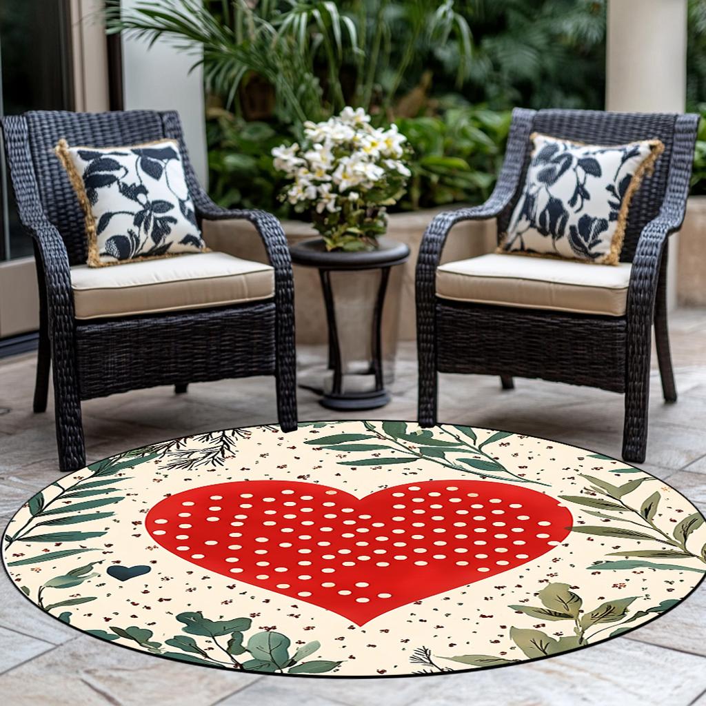 1pc Valentine's Day Heart Shaped Round Rug - with Greenery and Floral Pattern for Bedroom Living Room