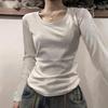 Women's Slim-Fit Long-Sleeve Gray U-Neck Cotton Top - New Autumn Solid Color Base Layer
