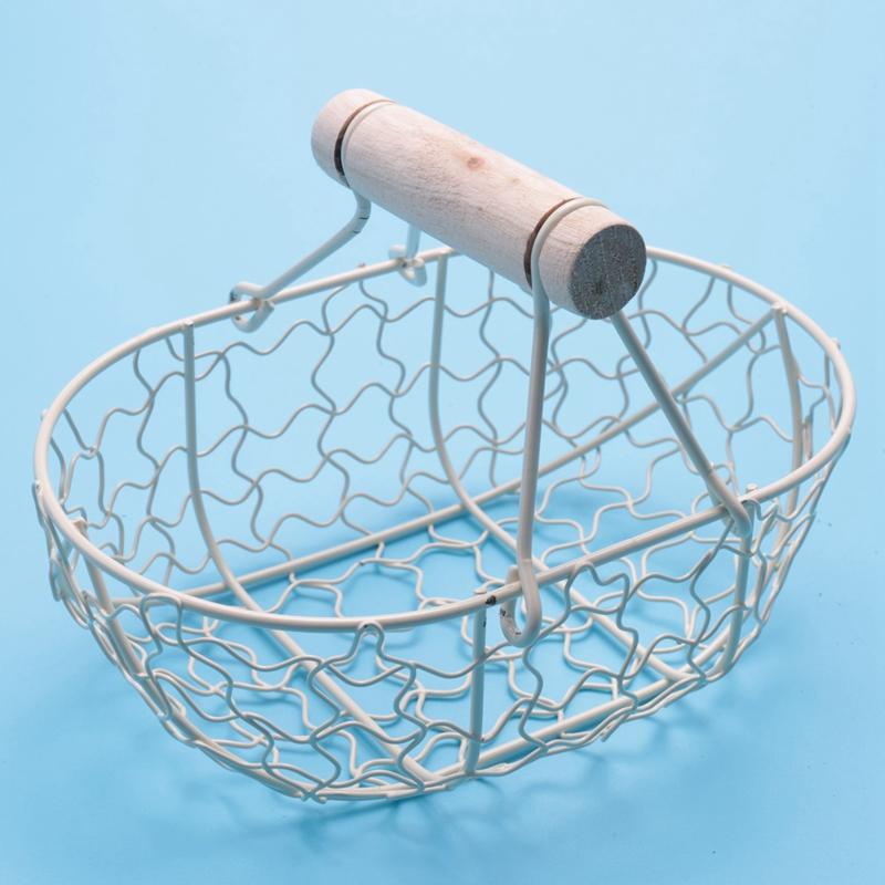 Wooden Handle Metal Retro Basket Portable Multi-Function Vegetable Fruit Egg Groceries Practical Storage Basket Organizer