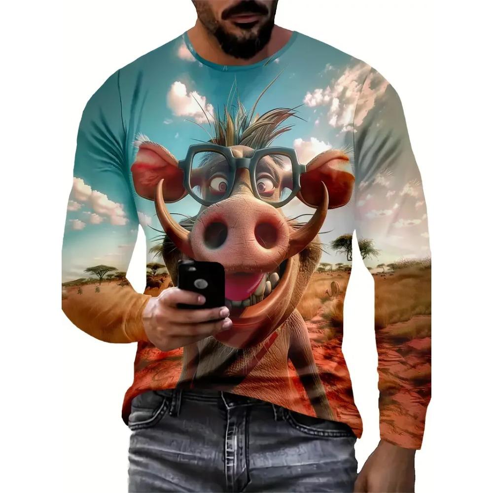 

Cartoon Vibrant Rabbit Long Sleeve T-shirt Funny Animal Theme 3D Print T-shirt Man Casual Crew Neck T-shirt 5XL