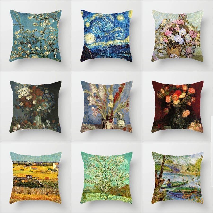Van Gogh Painting Pattern Square Polyester Pillowcase, Sofa Living Room Decorative Cushion Cover, Bedroom Bedside Pillow Cover