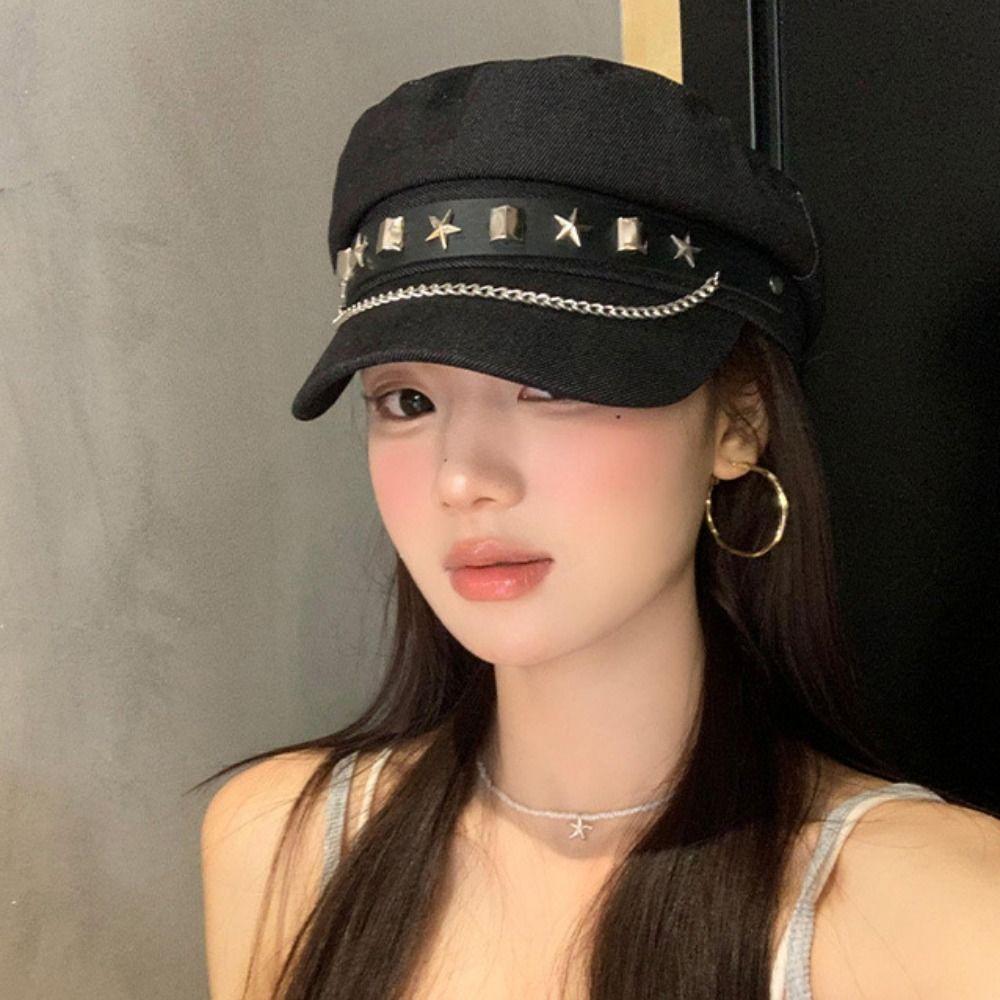 Cloth Rivet Denim Beret British Style Retro Painter Hat Retro Denim Octagonal Hat  Ladies