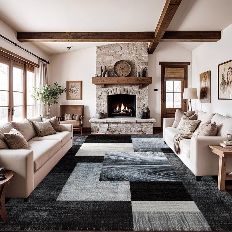 RAKKS Modern Geometric Area Rug Soft Black Gray Abstract Grid Office Living Room Sofa Floor Mat Study Game Carpet Home Decor