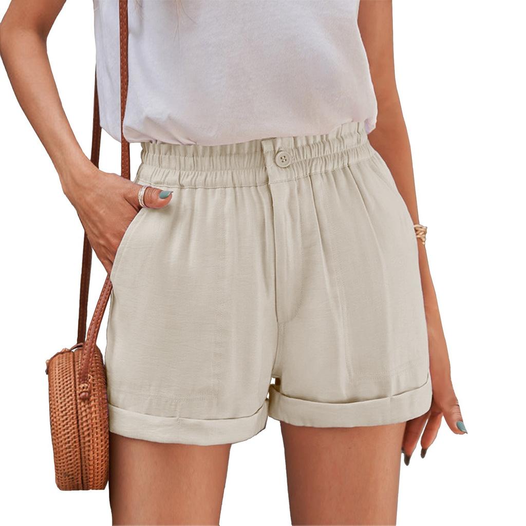 Women Waisted Shorts Casual Summer Ruffles Elastic Waist Short Pants With Pockets