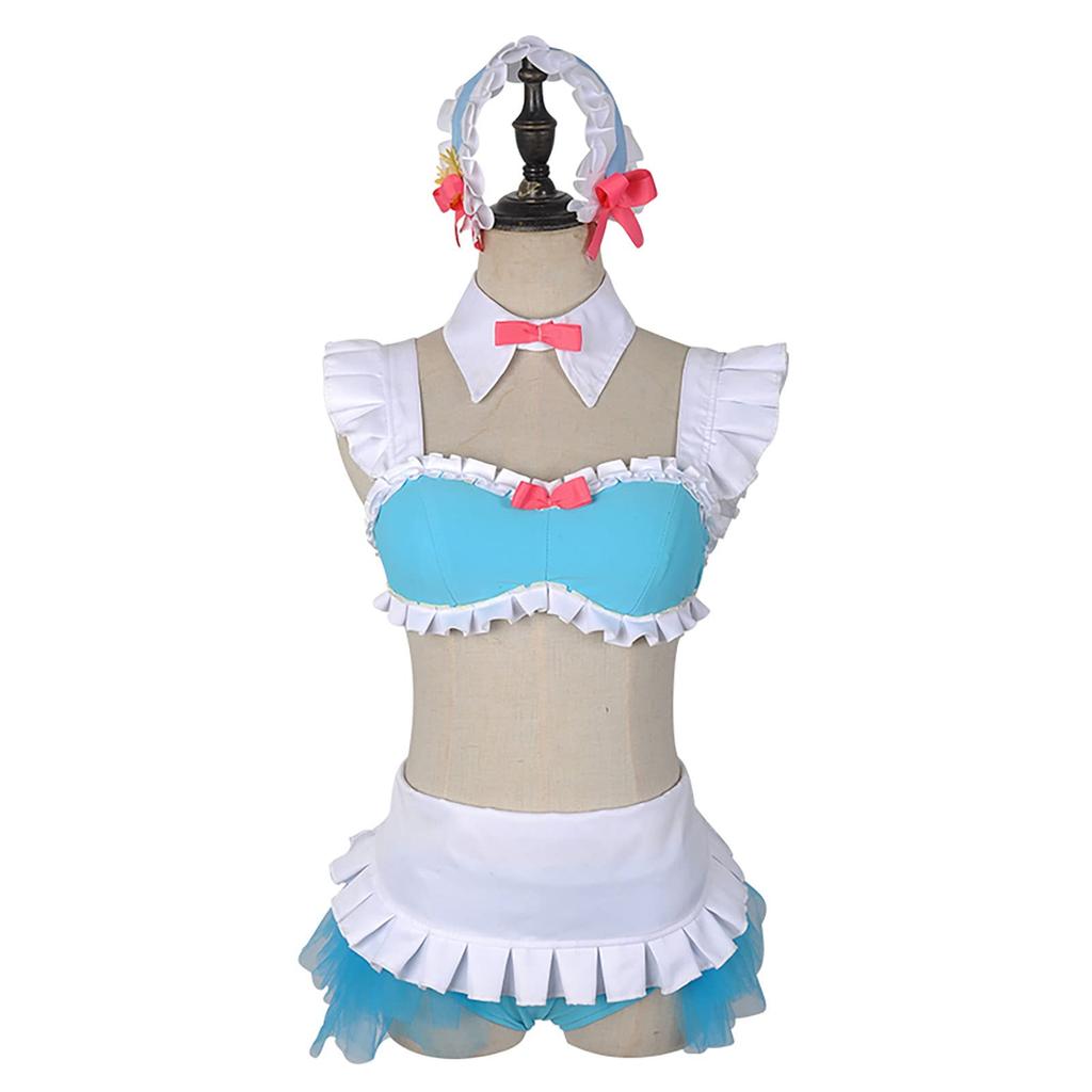 milky time ReZero Rem Cosplay Swimsuit Bikini “Isekai-type” with Wig, Size M, Color Rem/Isekai-type