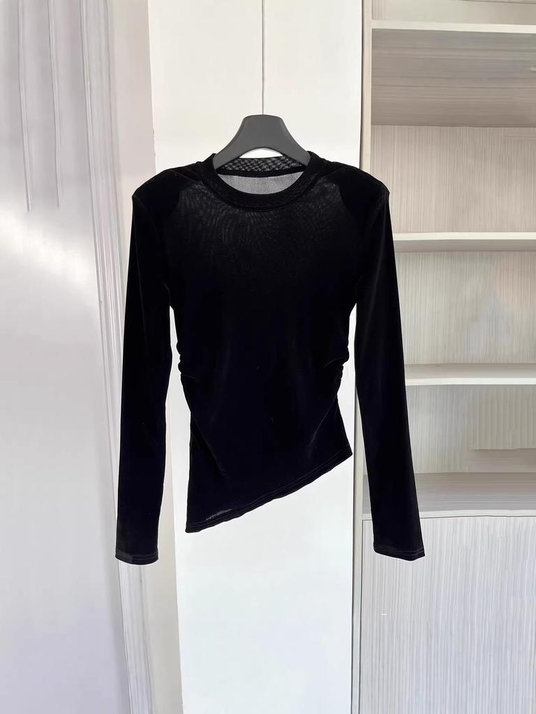 Damen Luxe Samt Langarm-T-Shirt – 2026 Rundhals Schmale Passform für den frühen Frühling/Herbst