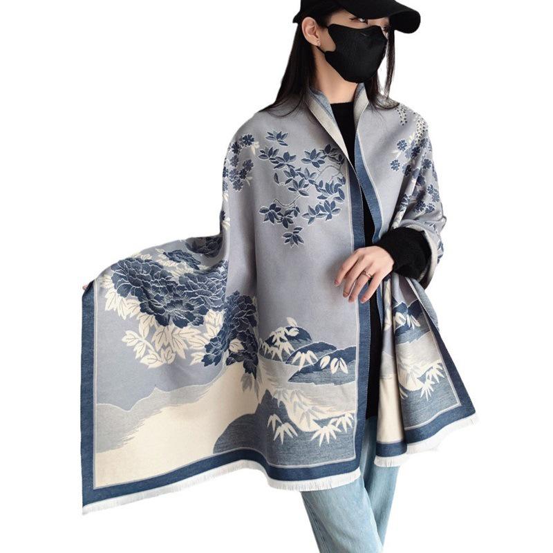 Women's Winter Ink Painting Scarf Shawl - High-End Imitation Cashmere, Knitted for Warmth and Style