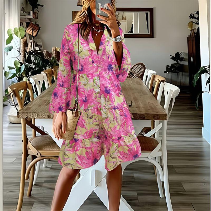 

Осень и Зима Новая Мода Мода Однобортное Принт Воланы Рукава-рожки Платье-рубашка Миди-юбка Платье Red XL