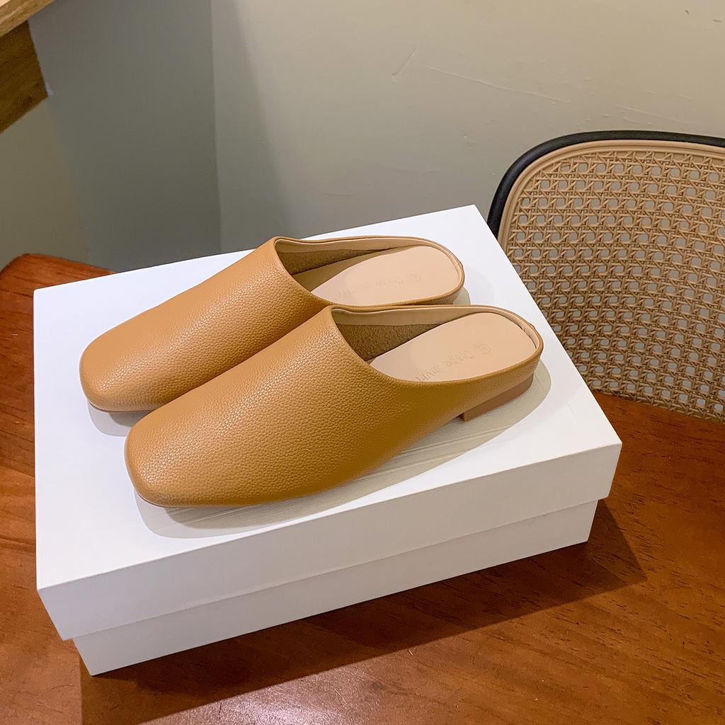 Soft To Fried~ Fashion Soft Leather Li Pattern Soft Leather Square Head One Pedal Flat Shoes Muller Row Slippers Women's Half Drag