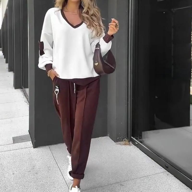 

Women V-Neck Color Block Long Sleeve Top And Drawstring Pants Set Casual Loose Fit Two Piece Outfit 3XL білий