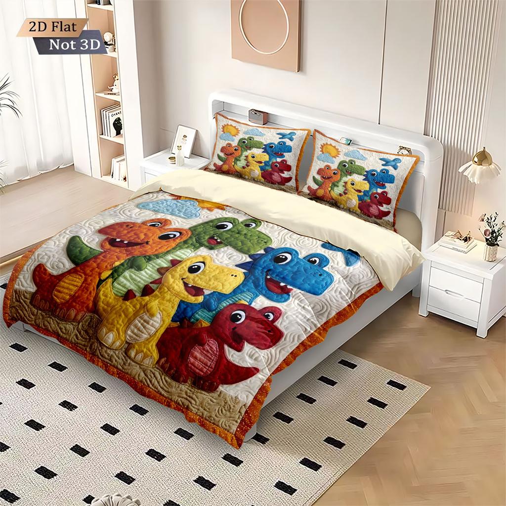 3Pcs Cartoon Dinosaur Animal Print Coreless Down Comforter Set Comfortable Bedroom Dormitory Bedding Decoration Machine Washable