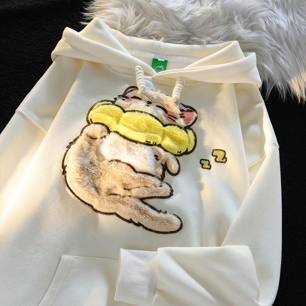 Flocking cute cat hooded sweater, men's and women's niche designs are different, couples' coats are medium and long.