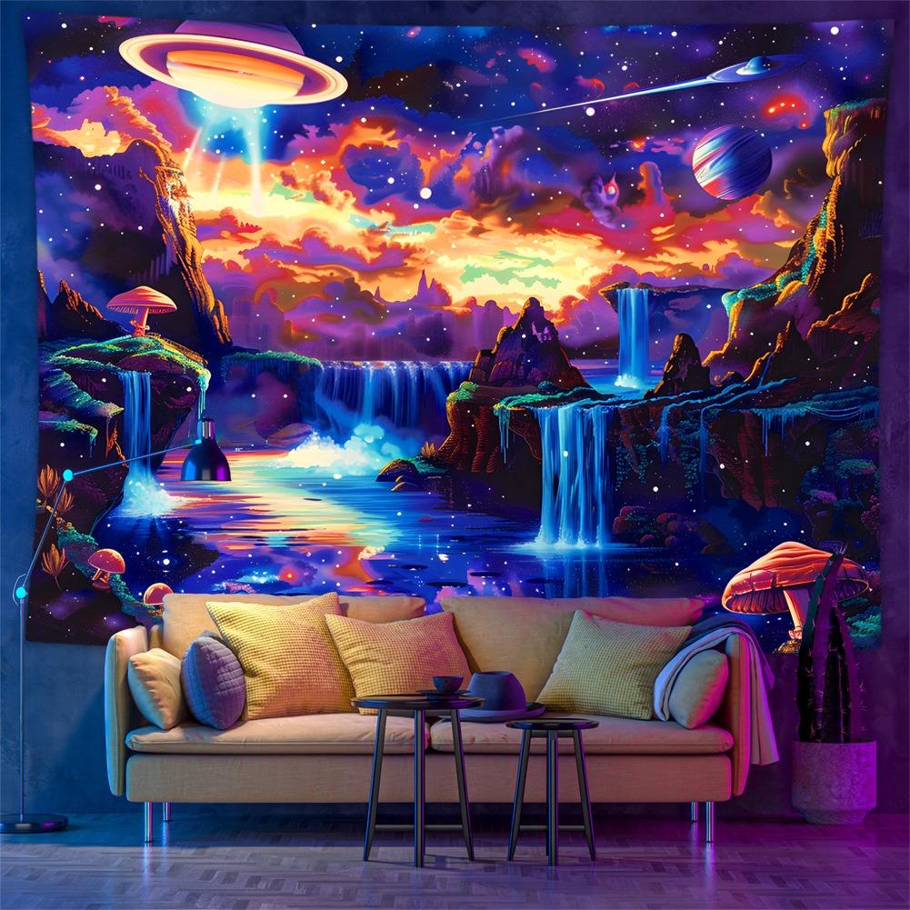 UV Reactive Mushroom Tapestry 2D Flat Printing Peach Skin Blacklight Fluorescent Psychedelic Waterfall Wall Hanging Dorm Decor