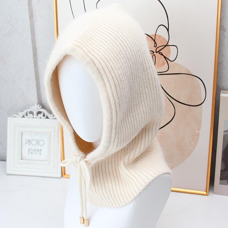 Rabbit Fur Knitted Balaclava Hat Women's Winter Integrated Neck Guard Hat Drawstring Warm Hooded Scarf European and American Cold Hat
