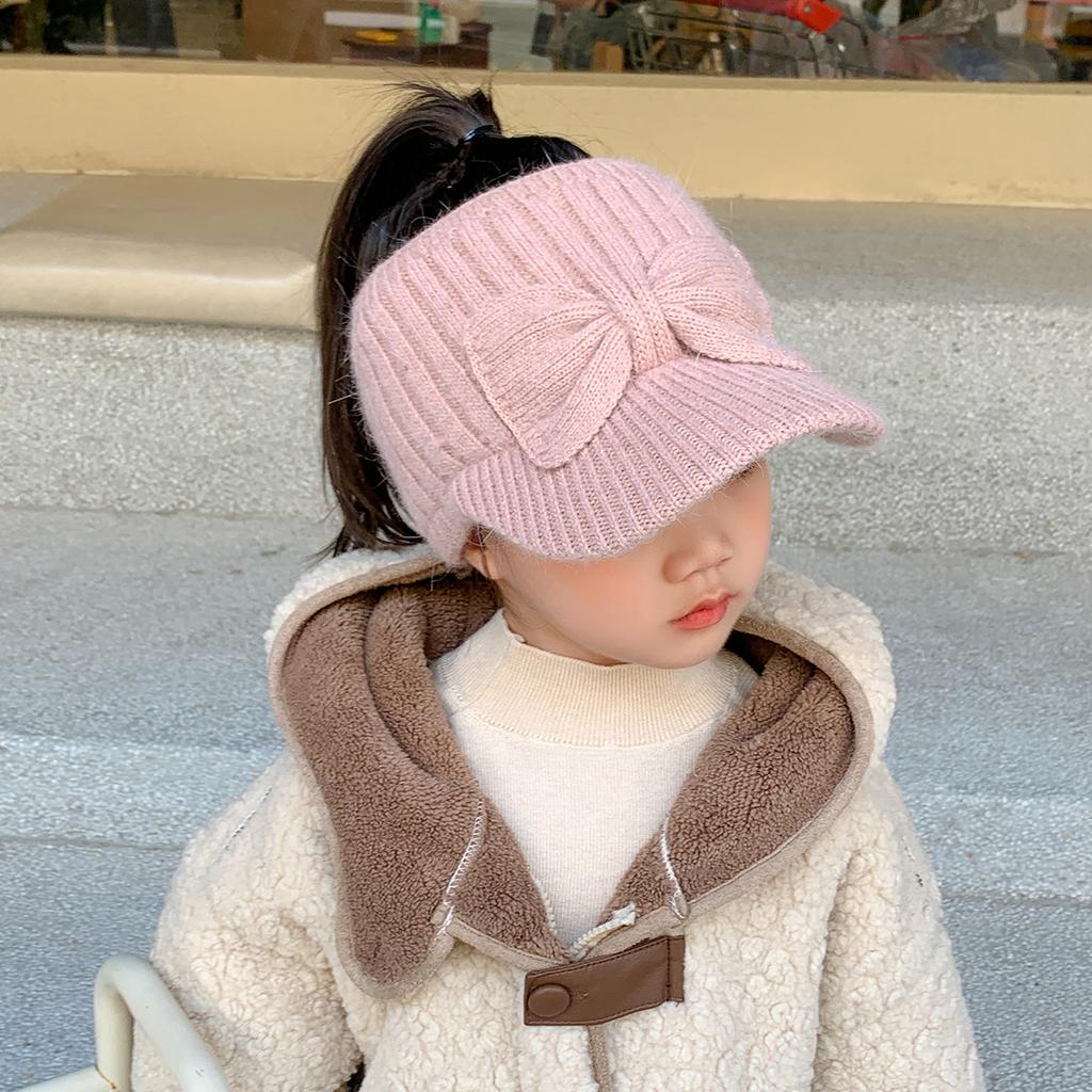 3-10 Years Children's Knitted Hat Girl's Baseball Hat Cute Bow Ponytail Braid Autumn and Winter Warmth Baby's Empty Top Sweater