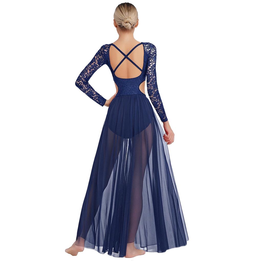 Damen Patchwork Floral Spitze Lyrisches Tanzkleid Langarm Taille Seiten Ausgeschnitten Rückenfrei Fließendes Netz Performance-Kleid
