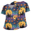 Women V Neck Short Sleeve Scrub Top with Halloween Pumpkin Print Side Slit and Pockets for Uniform
