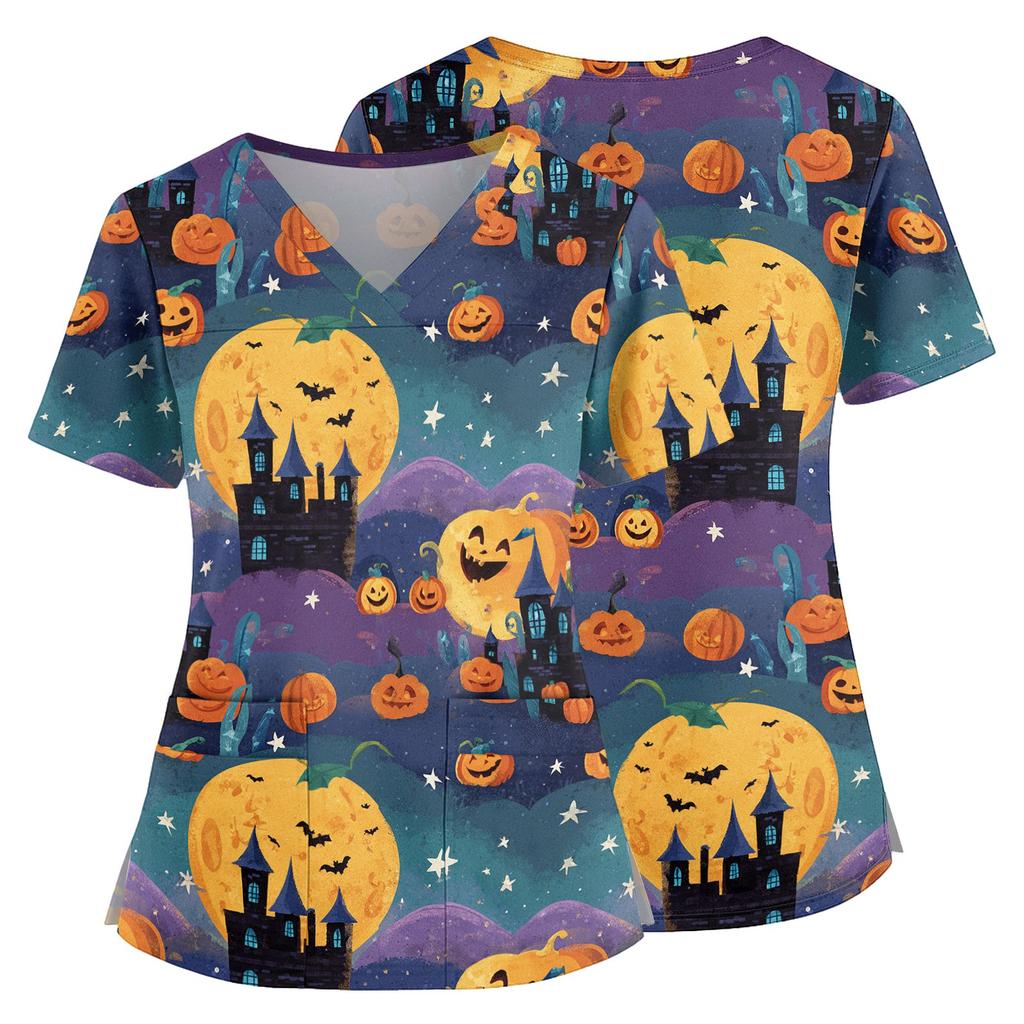Women V Neck Short Sleeve Scrub Top with Halloween Pumpkin Print Side Slit and Pockets for Uniform