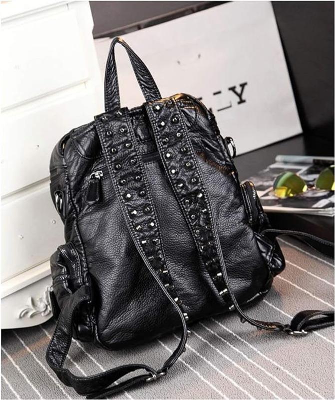 SHELKSBAG Calamity Womens Back Pack Pu Leather Punk Gothic University Studded Backpack Black Fashion Large Capacity School Bags