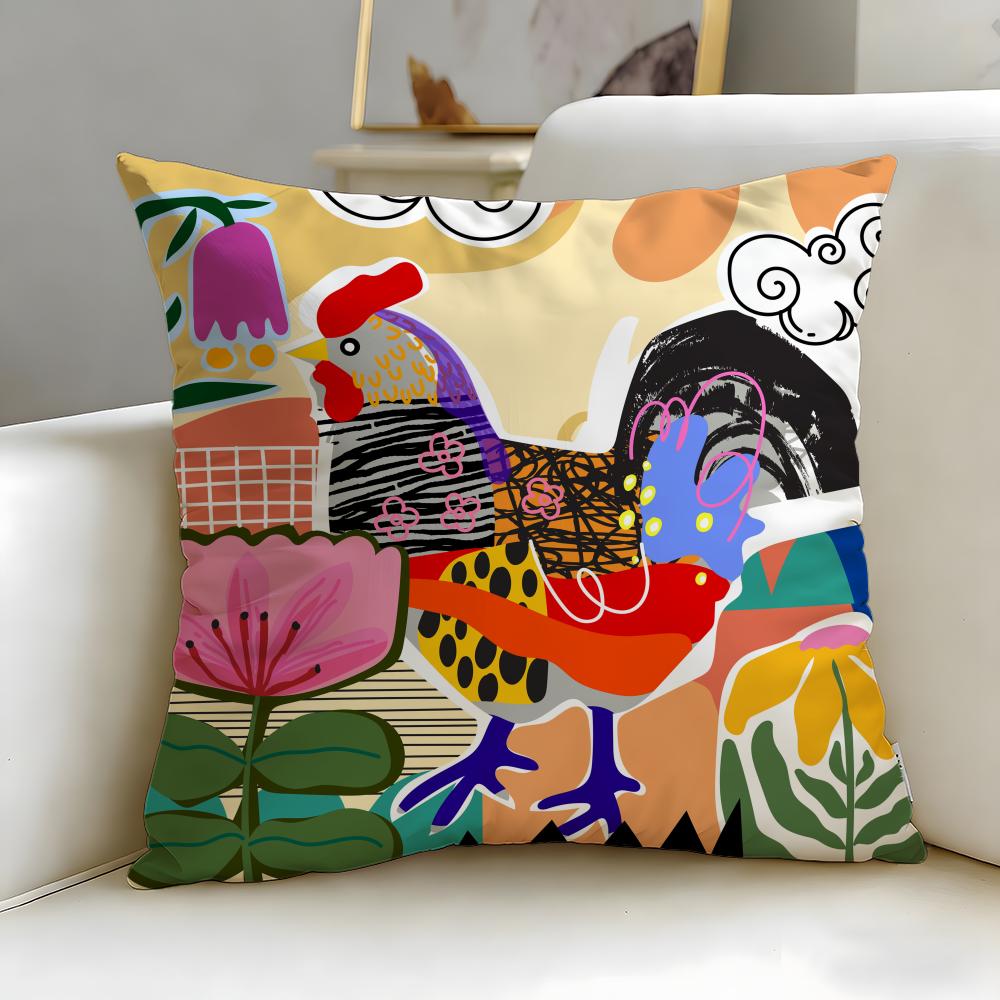 Classic Art Theme Rooster Doodle Art Cushion Cover Soft EasyWash Pillow Case Versatile for Couch Bed Travel and Office