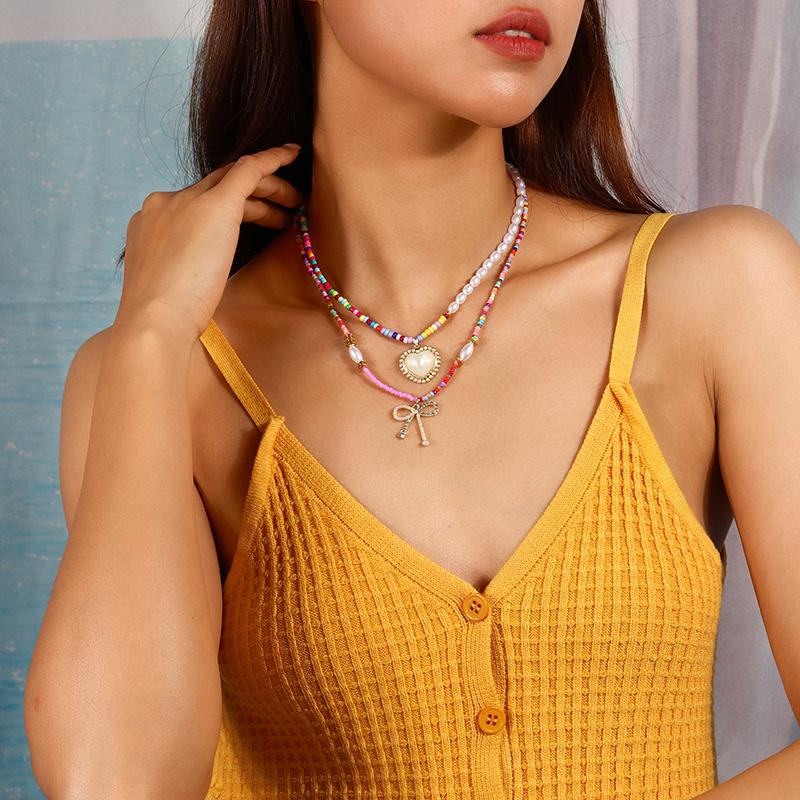 Pretty Handmade Colorful Beads Necklace for Women Crystal Heart Bowknot Pendants Necklaces Party Holiday Jewelry Gift