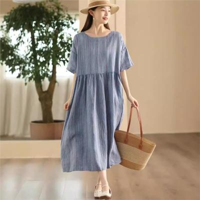 Women Vintage Striped Dress O-Neck Short Sleeve Robes Summer High Waist Women A-Line Dress
