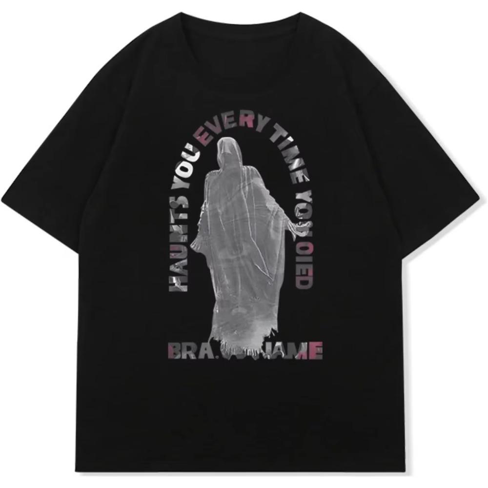 

New Style Unisex Y2K Ghost Graphic T Shirt, Gothic Letter Print Vintage Tee S чёрный