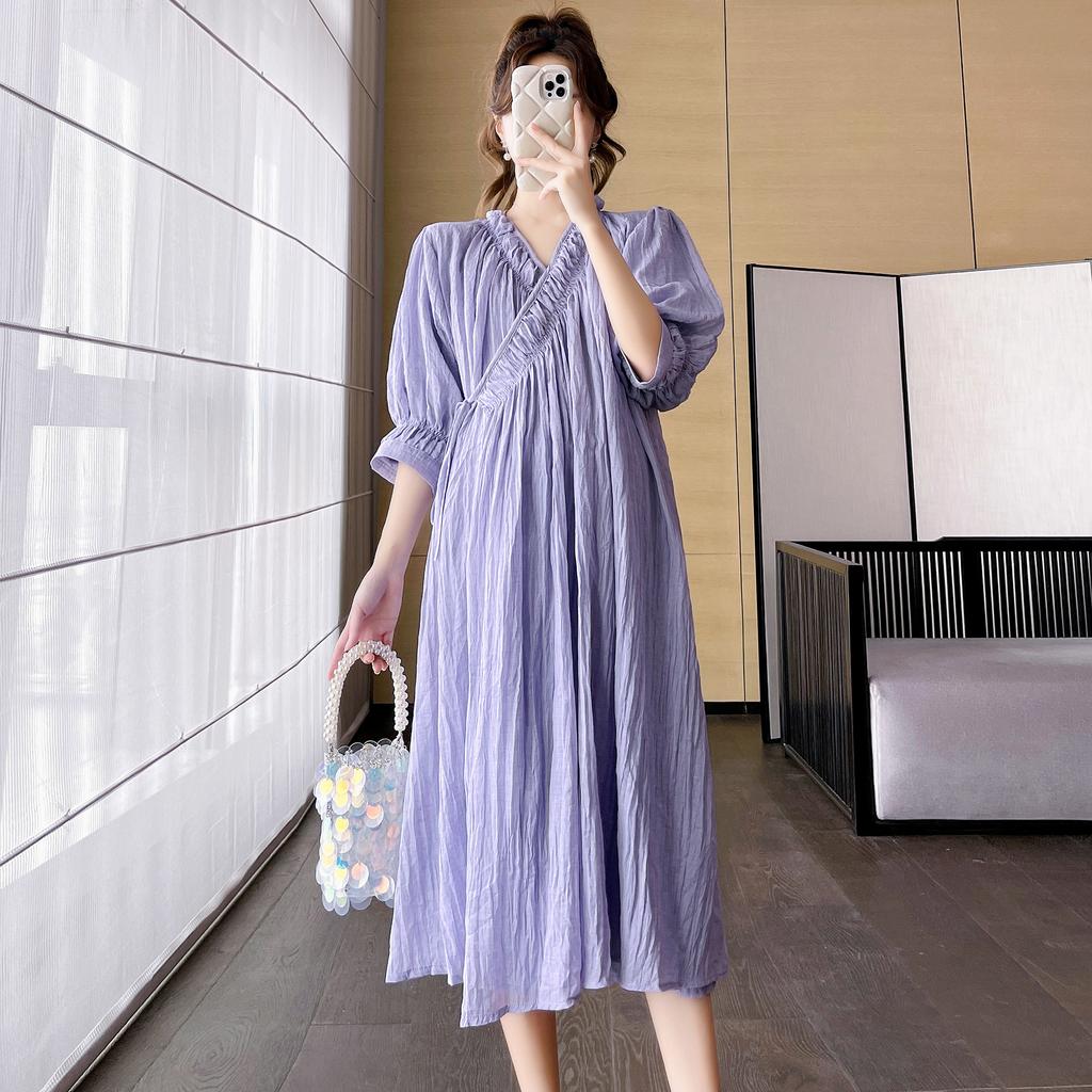 Maternity Summer Dress Fashionable Stylish Mom V-Neck Mid-Length Skirt Spring Summer Loose Maternity Dress