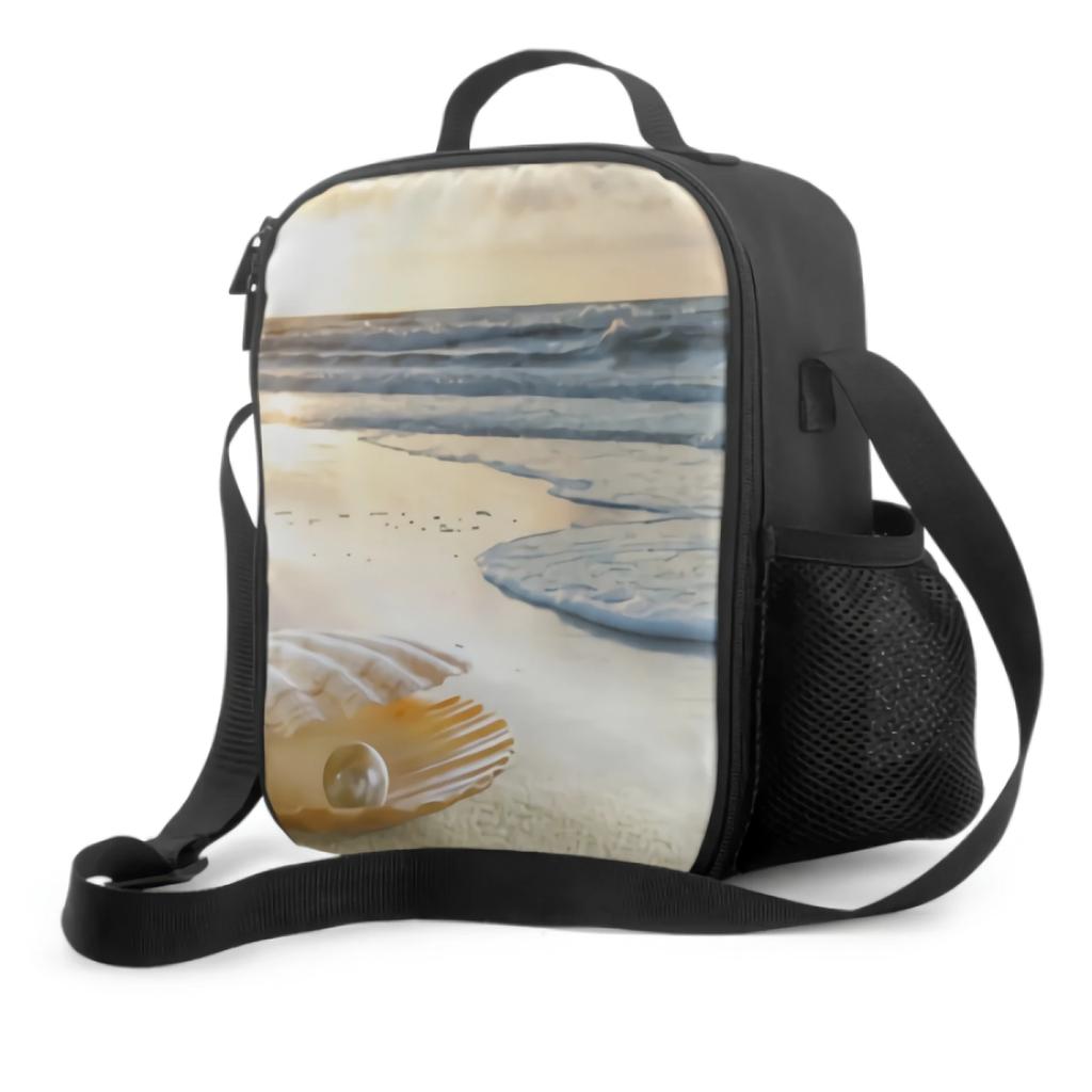 Muschel Strand Sand Isolierte Lunchbox für Kinder Tragbare Lunchtaschen mit verstellbarem Schultergurt Wiederverwendbare Kühltasche