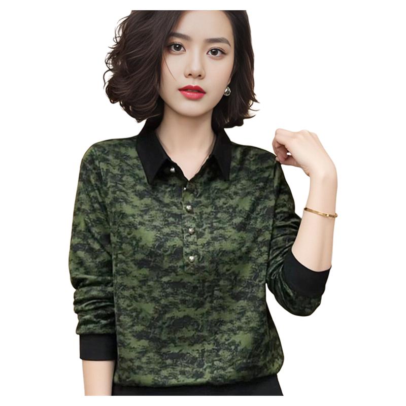 2024 Early Autumn Floral Patchwork Turn-Down Collar Long Sleeve Slimming Blouse for Middle-Aged Women