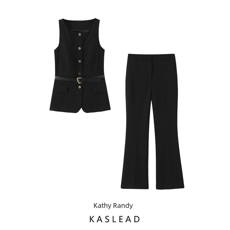 Kaslead New Women Clothes Western Style Fashion With Belt Vest Trumpet Pants 8372363 8372263