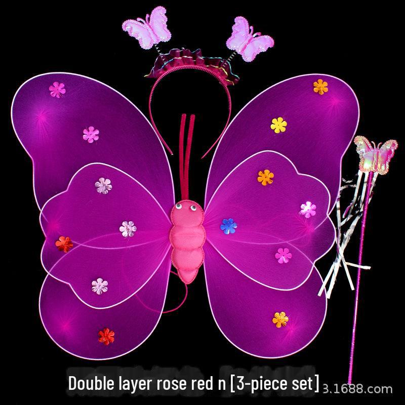 Children's Glow Angel Costume: Girl's Gauze Skirt with Flashing Wings and 20-Light Butterfly Design, 3-Piece Set.
