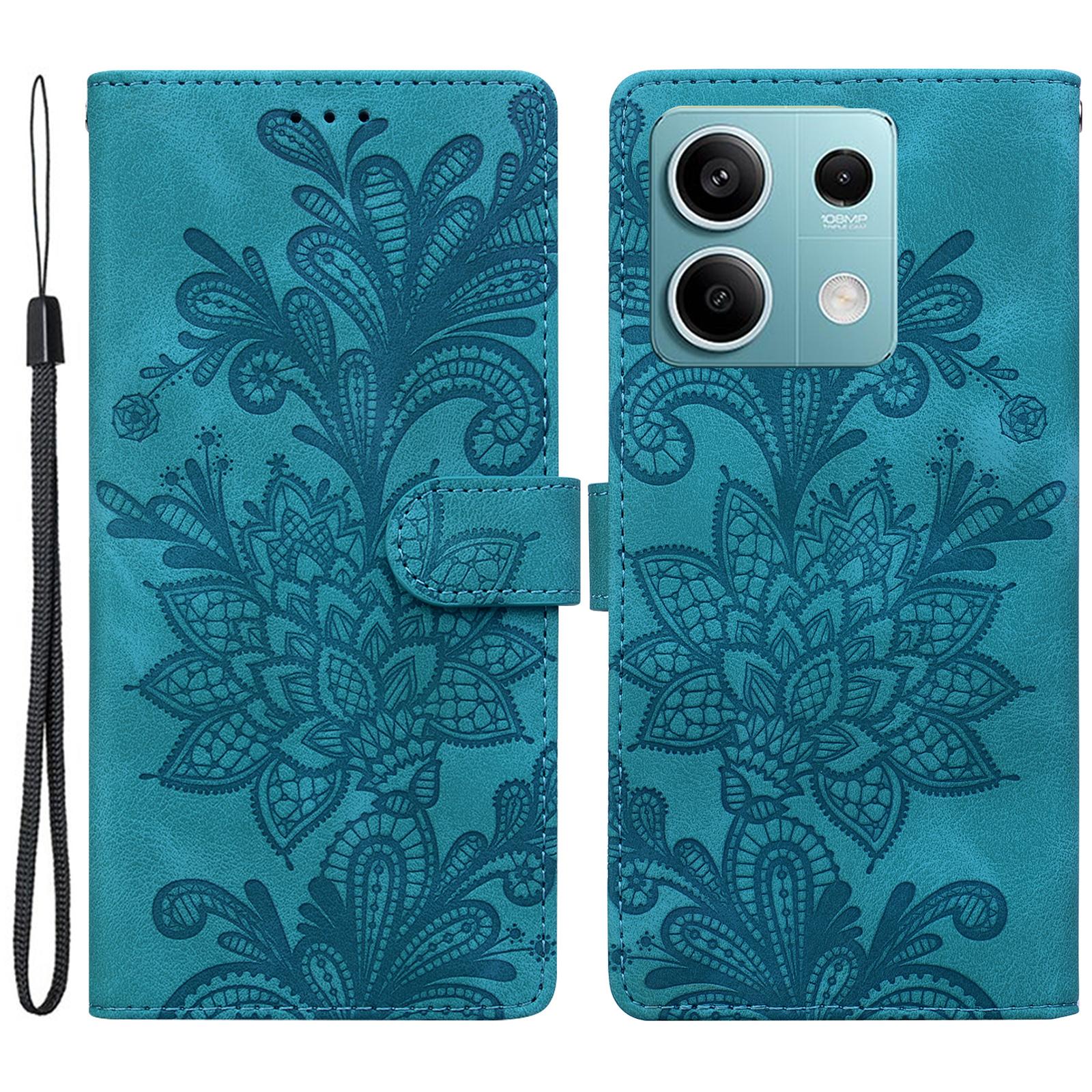 

For Xiaomi Redmi Note 13 5G Case Imprinted Lace Flowers PU Leather Wallet Phone Cover Green