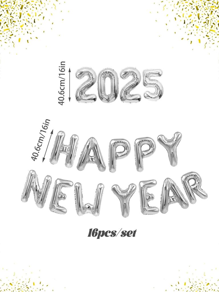 16pcs/set-16 Inch 2025 Happy New Year Aluminum Foil Balloon Set, New Year Holiday Decoration, Christmas Theme Party Decoration,