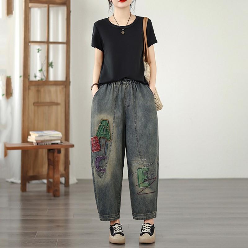 Taglie forti Vintage ricamo vita alta casual larghi Donna Primavera estate autunno jeans denim Pantaloni Harem