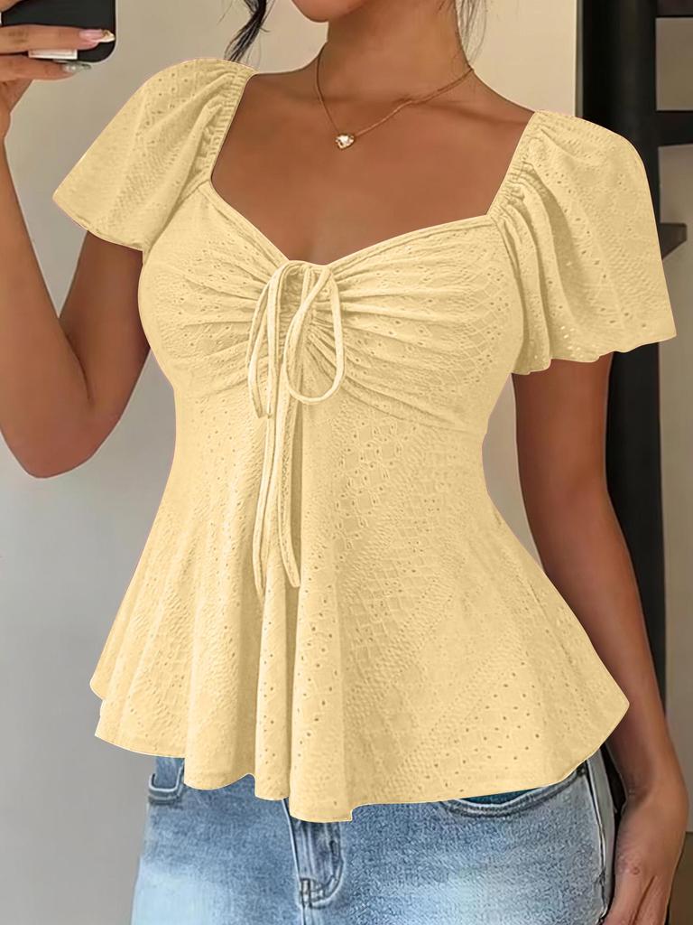 2026 Summer European & American V-Neck Drawstring Short-Sleeve Plain T-shirt for Women