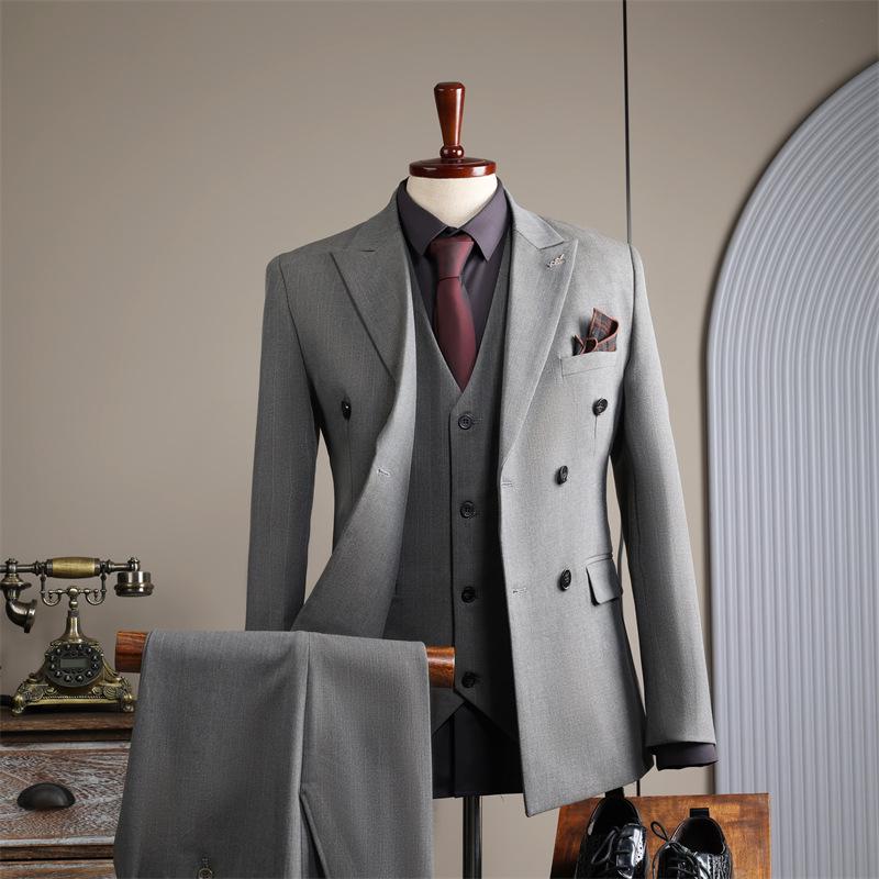 Men's Double-Breasted Striped Suit Set for Weddings & Business – Slim Fit Tuxedo & Formal Wear